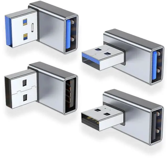 Main image of 4 Pack 90 Degree USB 3.0 Male to Female Adapter, Up/Down/Left/Right Angled USB A Extender Converter, Compatible with PC, Laptop, USB Charger, Power Bank & More, Grey