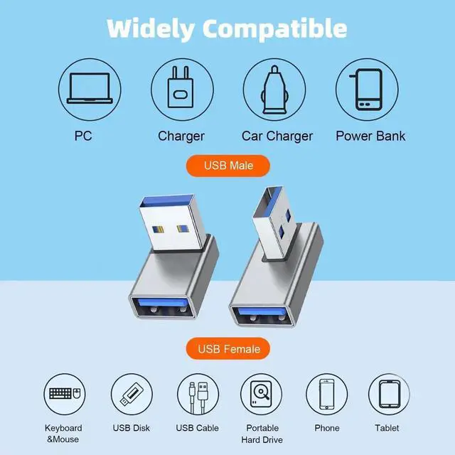 Alt view image 2 of 7 - 4 Pack 90 Degree USB 3.0 Male to Female Adapter, Up/Down/Left/Right Angled USB A Extender Converter, Compatible with PC, Laptop, USB Charger, Power Bank & More, Grey