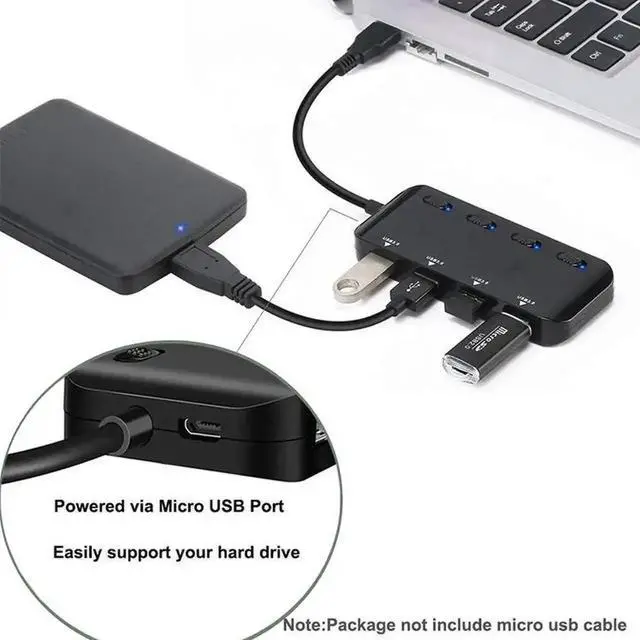 Alt view image 4 of 7 - 4 Port Powered USB 3.0 Hub Splitter, Black Ultra Slim USB Expander with Independent Power Switches & LED Indicators, Compatible with MacBook Air, Laptop, iMac, PC, USB Flash Drives & External Hard Dri