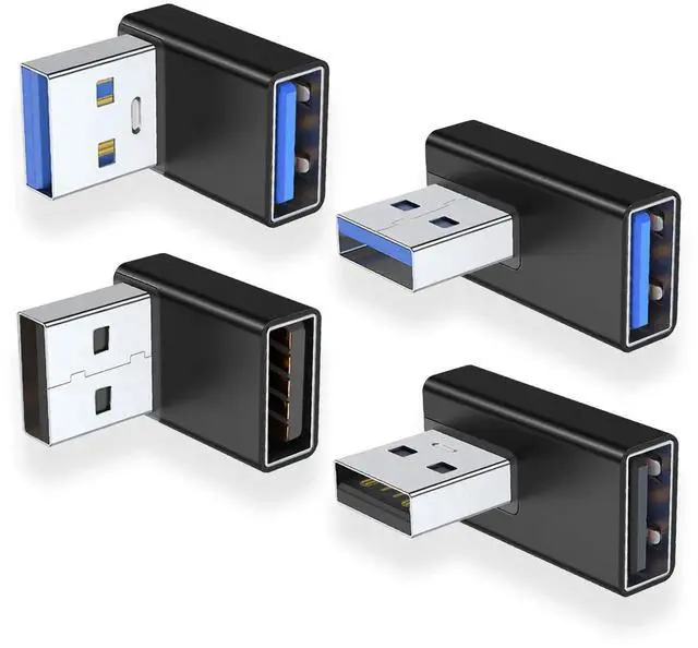 Main image of 4 Pack 90 Degree USB 3.0 Adapter, 4 Directions Up/Down/Left/Right Angle USB A Male to Female Extender Converter, Black Low Profile USB Extension Adapter for Laptop, PC, USB Charger, Power Bank