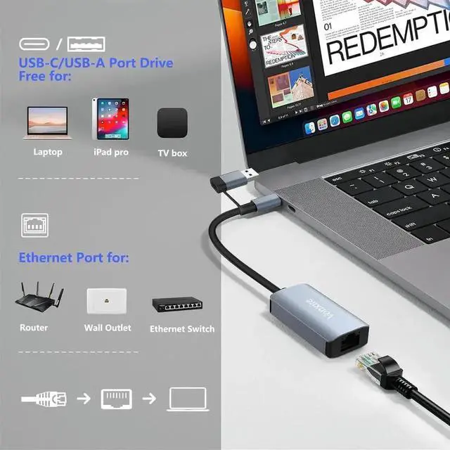 Alt view image 3 of 7 - 1 Pack Aluminum USB 3.0 USB-C to Gigabit Ethernet Adapter, 1000Mbps RJ45 LAN Network Dongle, Wired Network Converter Compatible with MacBook, Steam Deck, iPad, TV Box