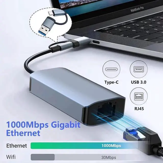 Alt view image 2 of 7 - 1 Pack Aluminum USB 3.0 USB-C to Gigabit Ethernet Adapter, 1000Mbps RJ45 LAN Network Dongle, Wired Network Converter Compatible with MacBook, Steam Deck, iPad, TV Box