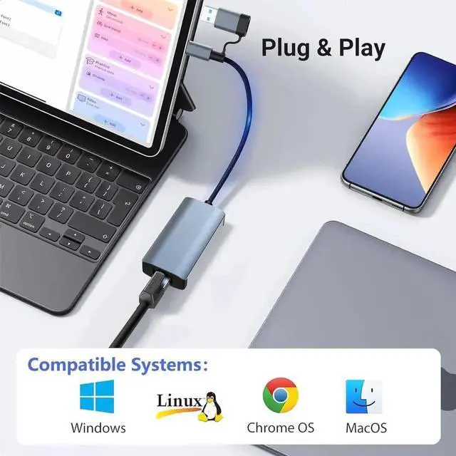 Alt view image 7 of 7 - 1 Pack Aluminum USB 3.0 USB-C to Gigabit Ethernet Adapter, 1000Mbps RJ45 LAN Network Dongle, Wired Network Converter Compatible with MacBook, Steam Deck, iPad, TV Box