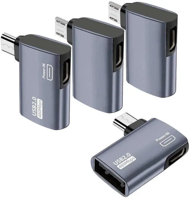Main image of 4 Pack 90 Degree Powered Micro USB OTG Adapter, Left & Right Angle Micro USB Male to USB A Female with Extra Micro USB Power Port for Fire TV Stick 4K, Micro USB Android Phones & Tablets, Grey