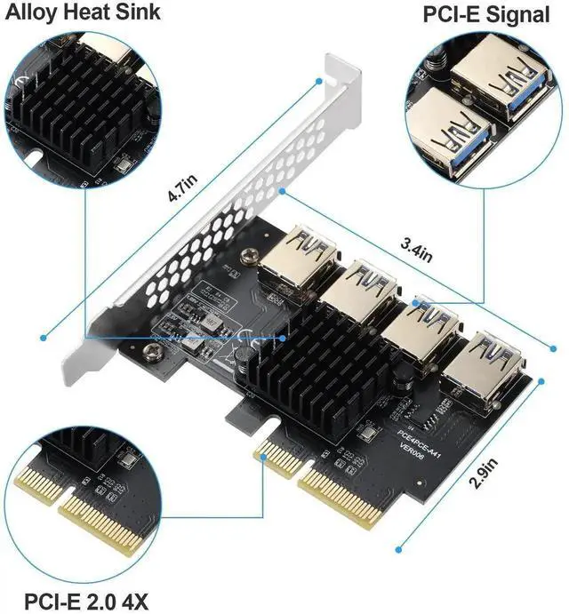 Alt view image 6 of 7 - PCIe X4 to 4 PCIe Slot Multiplier Riser Card, 4-Port USB 3.0 PCI-E Signal Splitter Expansion Adapter for GPU Bitcoin Crypto Mining Rig