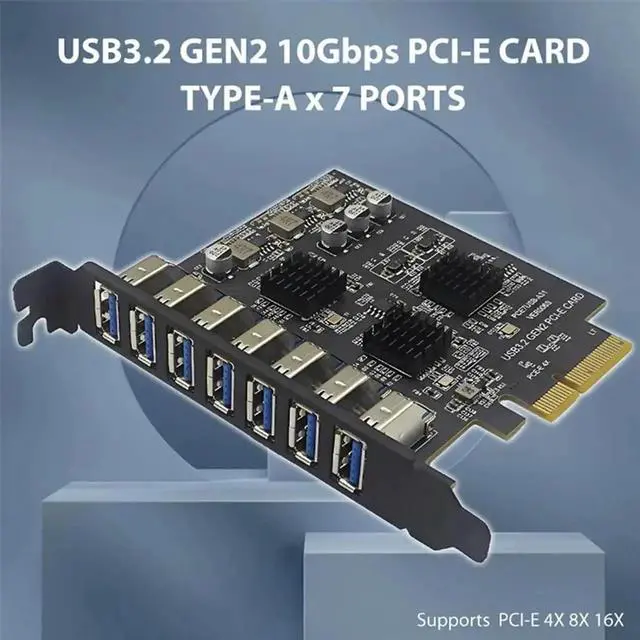 Main image of PCIe X4 USB 3.2 Gen 2 Expansion Card, 7 Ports USB 3.0 Type-A 10Gbps PCI-E Controller Adapter, SuperSpeed PCI Express Add On Card for Desktop Motherboard