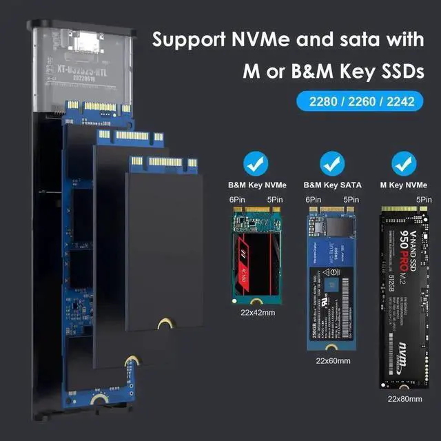 Alt view image 4 of 5 - Tool-Free M.2 SSD Enclosure USB C 3.2 Gen2 10Gbps, Dual Protocol NVMe & SATA M.2 Adapter, Fits M/B+M Key 2280/2260/2240 NGFF Solid State Drives