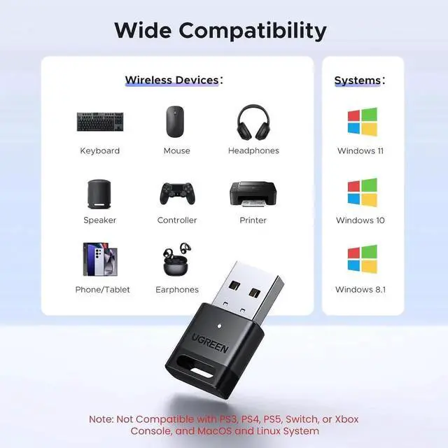 Alt view image 2 of 6 - UGREEN USB Bluetooth 5.4 Adapter for PC, Bluetooth Dongle Receiver Transmitter EDR & BLE, Plug & Play for Windows 11/10/8.1, Wireless Connect Keyboard, Mouse, Headphones, Speakers, Printers for Deskto