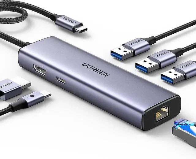 Main image of UGREEN Revodok 6 in 1 USB C Multiport Hub with Gigabit Ethernet, 4K HDMI, 100W PD Pass-Through, USB-A Data Ports, USB C Dongle Compatible with Mac M1/M2/M3, iPad, iPhone 16 Pro/Pro Max, Steam Deck, XP