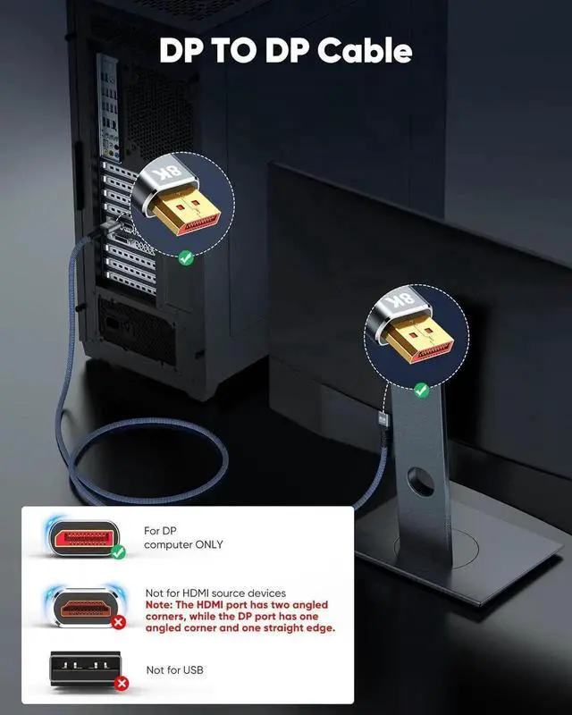 Alt view image 7 of 7 - 3.3FT DisplayPort 1.4 Cable, 32.4Gbps HBR3 DP to DP Male Cord, Supports 8K@60Hz, 4K@120Hz, 2K@240Hz/165Hz, 1080P@360Hz, for Laptop PC TV Gaming Monitor