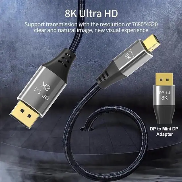 Alt view image 7 of 7 - 3.3FT Bi-Directional Mini DP to DP 1.4 Cable, Supports 8K 7680×4320@60Hz, 4K@144Hz, for PC Laptop TV Gaming Monitor