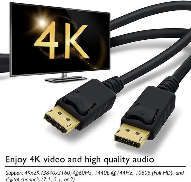 Alt view image 3 of 5 - 6FT Black Male to Male DisplayPort Cable with Gold-Plated Connectors, Supports 4K/2K@60Hz for PC Laptop Gaming Monitor HDTV