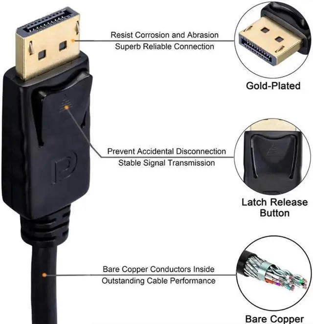 Alt view image 2 of 5 - 6FT Male to Male DisplayPort to DisplayPort Cable, Gold-Plated DP Cord Supports 4K@60Hz, 2K@144Hz, Compatible with HP Laptops Desktops Monitors