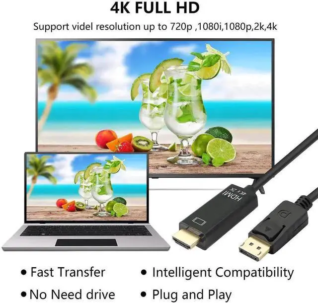 Alt view image 4 of 5 - 6FT Male to Male DisplayPort to HDMI Cable, Gold-Plated DP to HDMI Cord Supports 4K UHD Audio Video Sync for Laptop Desktop Monitor Projector HDTV