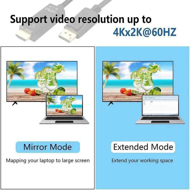 Alt view image 3 of 5 - 6FT Male to Male DisplayPort to HDMI Cable, Gold-Plated DP to HDMI Cord Supports 4K UHD Audio Video Sync for Laptop Desktop Monitor Projector HDTV