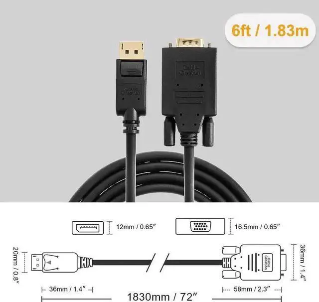 Alt view image 4 of 7 - 6FT Unidirectional DP to VGA Cable, 1080P@60Hz Full HD DisplayPort Male to VGA Male Cord, Connect DP Laptops GPUs to VGA Monitor TV Projector, Black