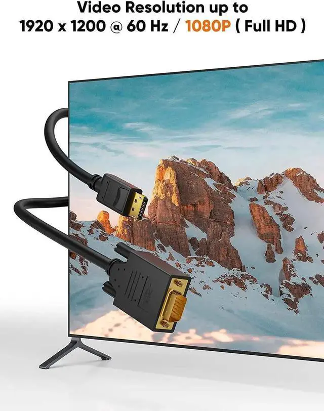 Alt view image 7 of 7 - 6FT Unidirectional DP to VGA Cable, 1080P@60Hz Full HD DisplayPort Male to VGA Male Cord, Connect DP Laptops GPUs to VGA Monitor TV Projector, Black