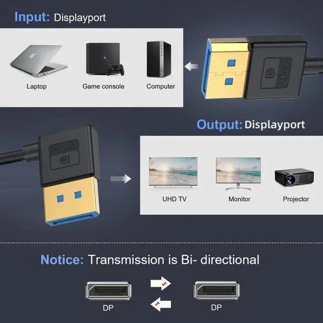 Alt view image 5 of 7 - 100cm Black Ultra-Thin 90 Degree Right Angled DP 1.4 Cable, Right Angle DisplayPort Male to Male Cord Supports 8K@60Hz 4K@144Hz HDR G-Sync FreeSync for Desktop Laptop Gaming Monitor