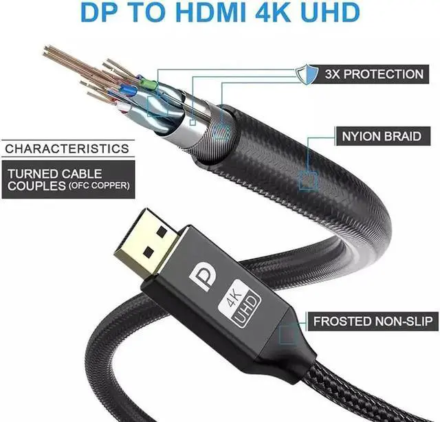 Alt view image 6 of 7 - 3.3Ft Nylon Braided DisplayPort to HDMI Cable, Uni-Directional High Speed DP Male to HDMI Male Cord, Gold Plated Supports 4K@30Hz, 2K@60Hz, 1080P@120Hz for PC Graphics Card Monitor HDTV