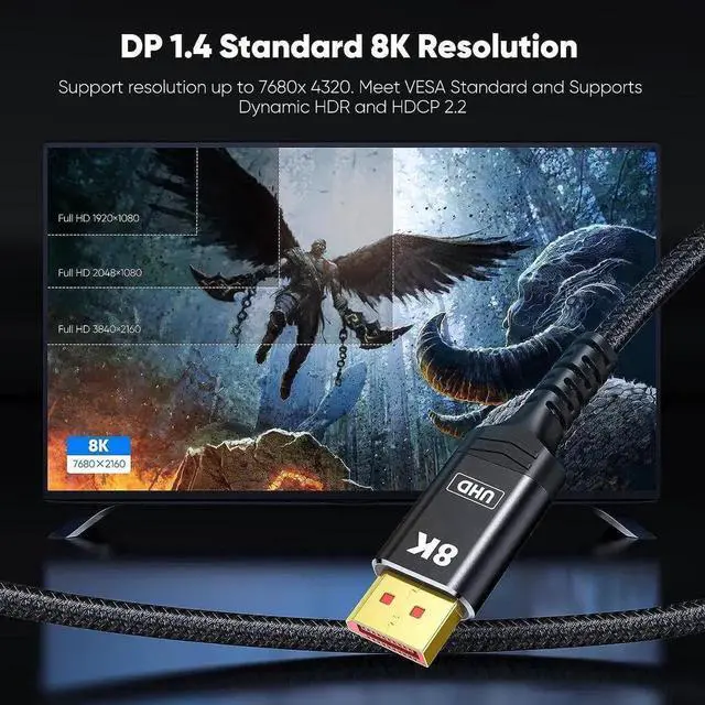 Alt view image 3 of 7 - 10FT Nylon Braided DP 1.4 DisplayPort Cable, 32.4Gbps High Speed Cord Supports 8K@60Hz, 4K@144Hz, 2K@240Hz/165Hz/144Hz, HDR HDCP FreeSync G-Sync for Gaming Monitor GPU PC