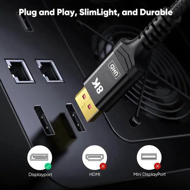 Alt view image 7 of 7 - 10FT Nylon Braided DP 1.4 DisplayPort Cable, 32.4Gbps High Speed Cord Supports 8K@60Hz, 4K@144Hz, 2K@240Hz/165Hz/144Hz, HDR HDCP FreeSync G-Sync for Gaming Monitor GPU PC