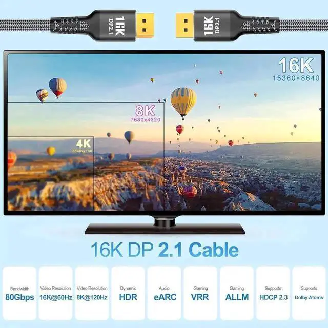 Alt view image 6 of 7 - 3FT Braided DP 2.1 DisplayPort Cable, 80Gbps DP80 Cord Supports 16K@60Hz, 8K@120Hz, 4K@240/165/144Hz, HDR10 HDCP DSC 1.2a, FreeSync G-Sync for High-End Gaming Monitors