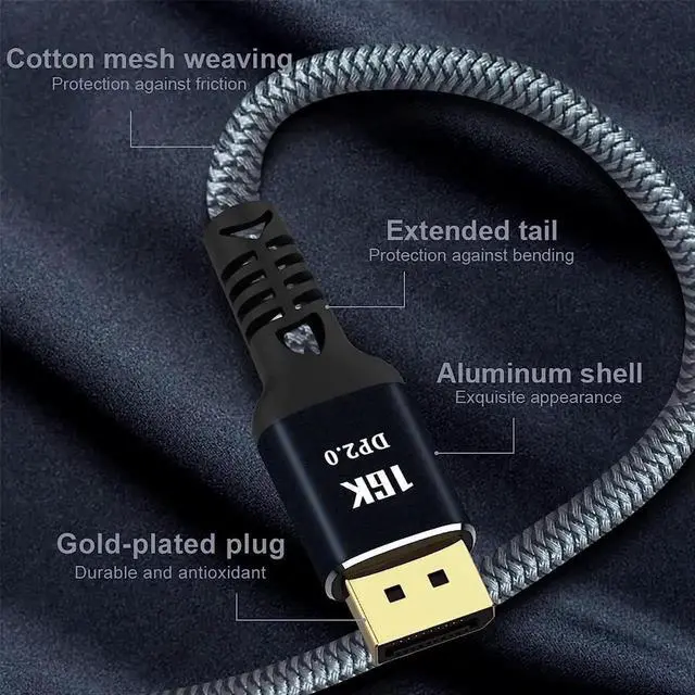 Alt view image 6 of 7 - 3.3FT DP 2.0 DisplayPort to DisplayPort Cable, 80Gbps UHBR DP Cord Supports 16K@60Hz, 8K@60Hz, 4K@165Hz, HDR DSC, FreeSync G-Sync for Gaming Laptop PC Computer HDTV Monitor