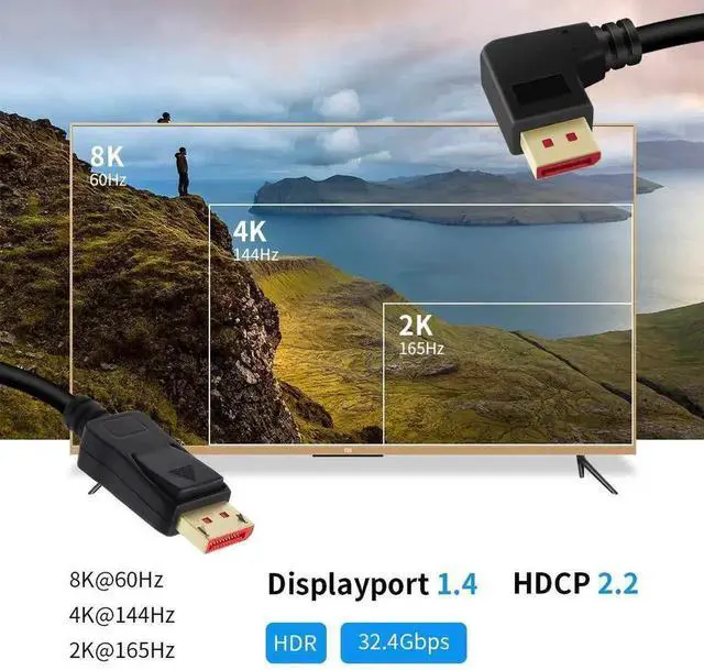 Alt view image 2 of 7 - 6FT/1.8M 90 Degree Right Angle DP 1.4 Cable, Male to Male DisplayPort Cord Supports 8K@60Hz, 4K@144Hz HDR FreeSync G-Sync for Gaming Monitor PC Laptop GPU