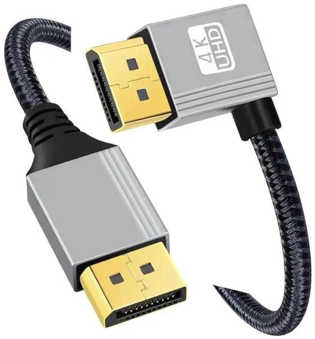 Main image of 200cm 90 Degree Right Angled DP to DP Cable, Silver Sleeve Ultra HD 4K@60Hz DisplayPort Male to Male Cord for Desktop Laptop Graphics Card Monitor