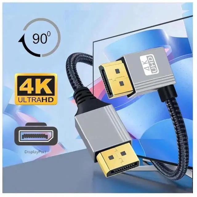 Alt view image 7 of 7 - 200cm Left 90 Degree Angled DP to DP Cable, Silver Braided Sleeve Ultra HD 4K@60Hz DisplayPort Male to Male Cord for Desktop Laptop GPU Gaming Monitor