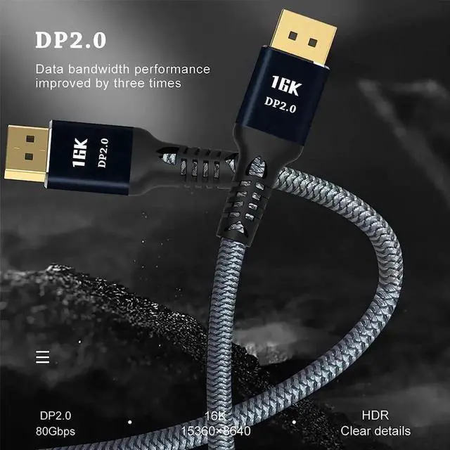 Alt view image 4 of 7 - 16K DisplayPort 2.0 Cable 3.3FT, 80Gbps HBR3 DP 2.0 Cord 16K@60Hz 8K@60Hz 4K@165Hz HDR10 HDCP2.2 FreeSync G-Sync Compatible NVIDIA AMD GPU Dell LG ASUS Samsung BenQ Gaming Monitor PC Laptop
