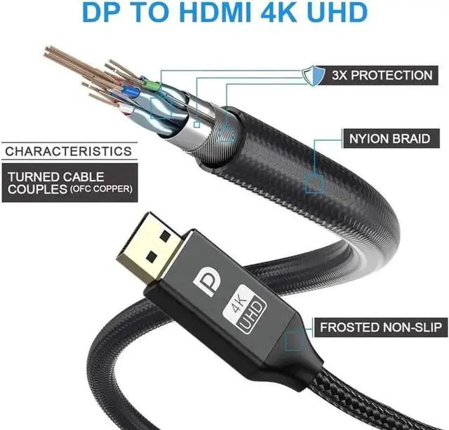 Alt view image 5 of 7 - 3.3FT/1M Nylon Braided DP to HDMI Cable, Uni-Directional Gold-Plated DisplayPort Male to HDMI Male Cord Supports 4K UHD Compatible Monitor Projector Desktop AMD HP Laptop Graphics Card