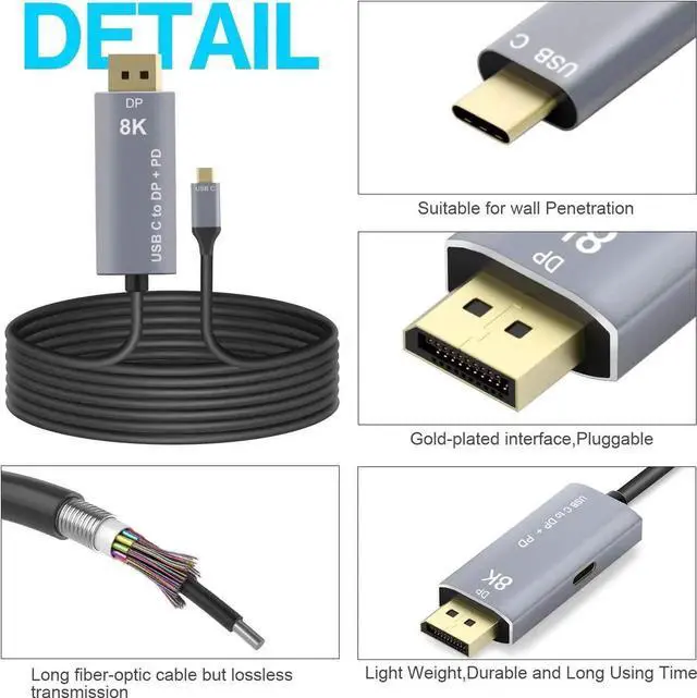 Alt view image 3 of 7 - 1.8M USB C to DP 1.4 Cable with USB-C PD Charging, Thunderbolt 3 Compatible 8K@60Hz 4K@144Hz Type-C to DisplayPort Converter Cord for MacBook Pro 2019 2020