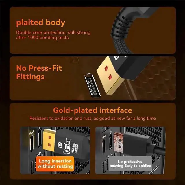 Alt view image 3 of 6 - 6.6FT DP 2.1 DP80 DisplayPort Cable, 80Gbps High Speed DP to DP Cord Supports 16K@60Hz,8K@120Hz,4K@240Hz HDR DSC FreeSync Compatible RTX5090 RX7900XTX Gaming Monitor HDTV