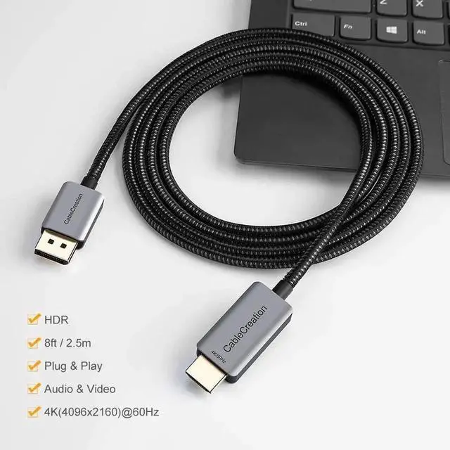 Alt view image 2 of 7 - CableCreation 8FT Active DP 1.4 to HDMI 2.0 Braided Cable, Uni-Directional HDR Cord Supports 4K@60Hz,2K@144Hz,1080P@144Hz, AMD Eyefinity Multi-Display, Aluminum Alloy Shell