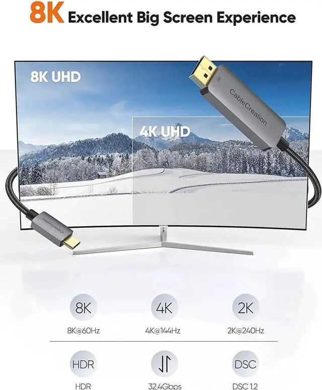 Alt view image 2 of 7 - fx-804 6FT USB C to DP 1.4 Cable, 32.4Gbps Type-C to DisplayPort Cord Supports 8K@60Hz,4K@144Hz,2K@240Hz HDR Compatible Thunderbolt 3/4,MacBook Pro/Air,Dell XPS 13/15,Surface Pro,Oculus Rift S