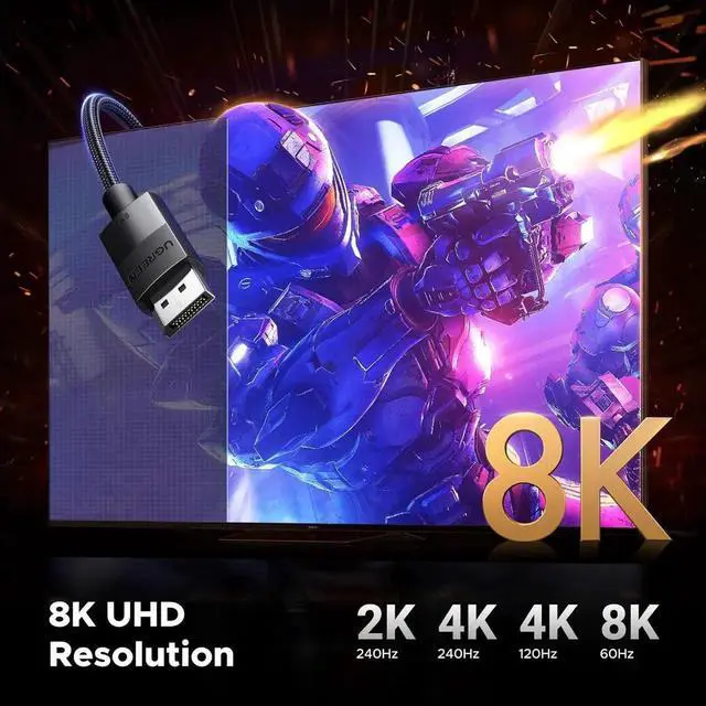 Alt view image 4 of 7 - UGREEN VESA Certified DP 1.4 Cable 16FT, 32.4Gbps 8K DisplayPort Cord Supports 8K@60Hz, 4K@240Hz, HDR, FreeSync & G-Sync, Compatible with Gaming Monitor, Graphics Card, PC, HDTV