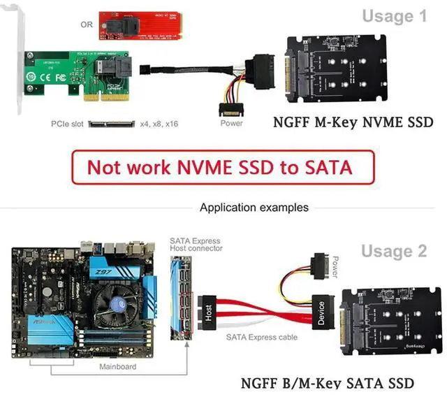 Alt view image 4 of 7 - 2 in 1 Combo M.2 NVMe/NGFF SATA SSD to U.2 SFF-8639 Converter Adapter Card, Supports M Key NVMe & B Key SATA M.2 Drives, Note: NVMe to SATA Conversion Not Supported