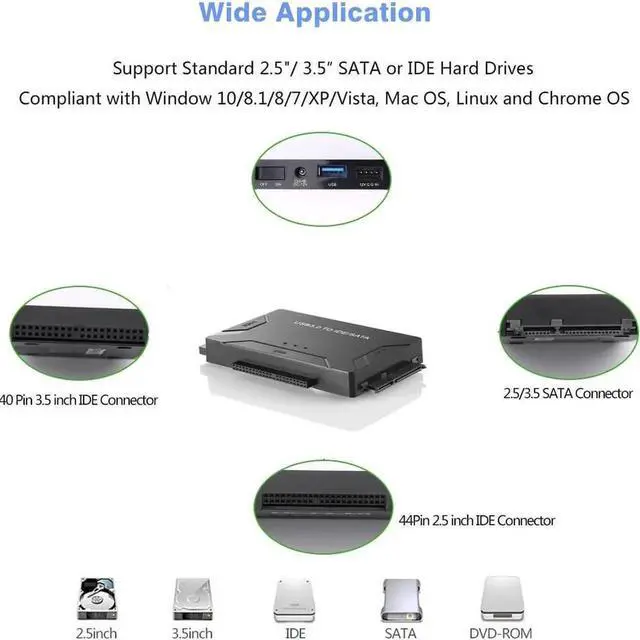 Alt view image 6 of 7 - USB 3.0 to SATA IDE Hard Drive Adapter Converter with Power Switch, Supports 2.5" 3.5" SATA HDD SSD & IDE Hard Disks, Max 4TB Storage Capacity