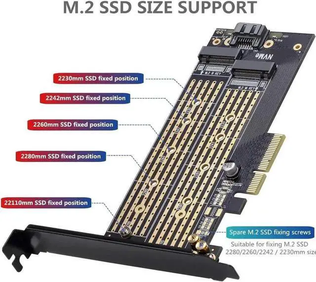 Alt view image 4 of 5 - Dual M.2 PCIe x4 Expansion Card with Cooling Heatsink, Supports M.2 NVMe M-Key & SATA B-Key SSDs, Compatible with 2230/2242/2260/2280/22110 NGFF Drives, Desktop Storage Add-On Adapter