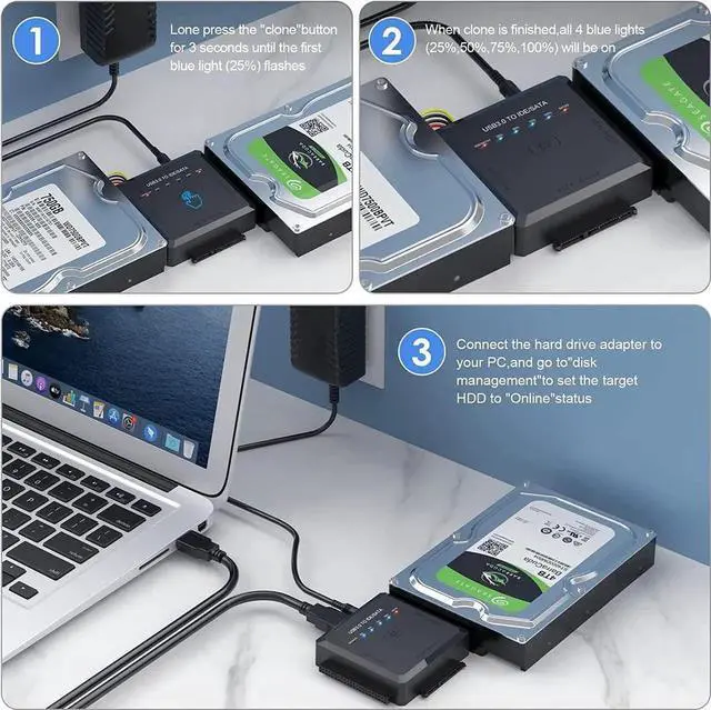 Alt view image 2 of 7 - Upgraded SATA IDE to USB 3.0 Hard Drive Reader Adapter with One-Click Backup & LED Indicator, External Converter for 2.5/3.5 Inch HDD SSD, Comes with 12V 2A Power Supply