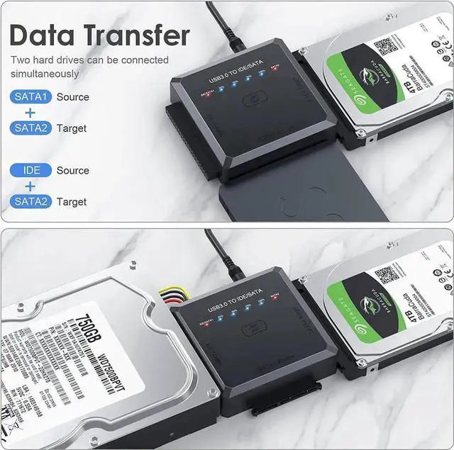 Alt view image 3 of 7 - Upgraded SATA IDE to USB 3.0 Hard Drive Reader Adapter with One-Click Backup & LED Indicator, External Converter for 2.5/3.5 Inch HDD SSD, Comes with 12V 2A Power Supply