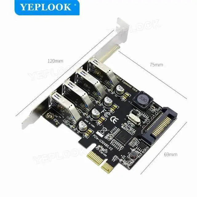 Alt view image 5 of 5 - PCIe X1 4-Port USB3.0 5Gbps Expansion Card with SATA Power Connector, Compatible with PCIe X1/X4/X8/X16 Slots, Equipped with 8CM Low Profile Short Bracket for Desktop PC