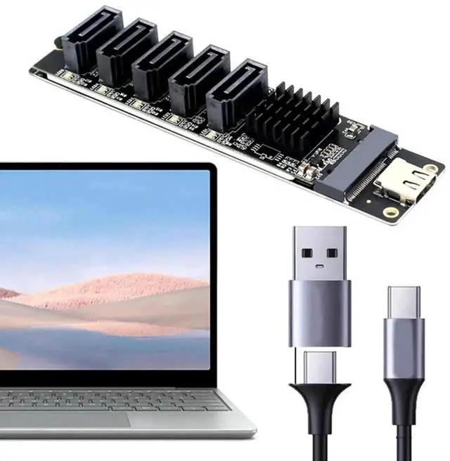 Alt view image 4 of 4 - USB Type-C to 5-Port SATA 3.0 Expansion Riser Card, 6Gbps SATA Converter with JM575 & JMS580 Dual Chips, Plug and Play External Storage Adapter