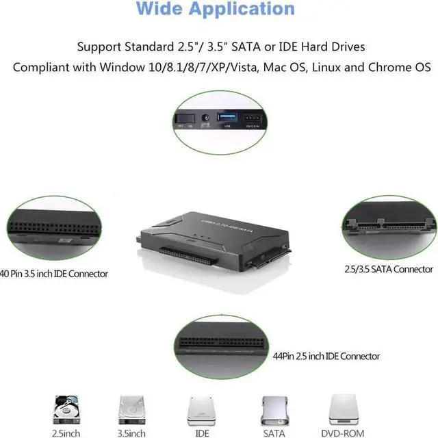 Alt view image 2 of 7 - USB 3.0 to SATA & IDE Combo Hard Drive Adapter Converter with Power Switch, Compatible with 2.5/3.5 Inch SATA HDD SSD & IDE Hard Disks, Supports Up to 4TB Storage