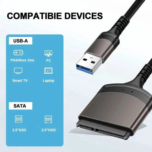 Alt view image 2 of 5 - USB 3.0 to SATA III Adapter Cable with Aluminum Shell & Braided Nylon Cord, 9 Inch SATA to USB Converter for 2.5 Inch SATA SSD HDD, UASP Accelerated Fast Data Transfer
