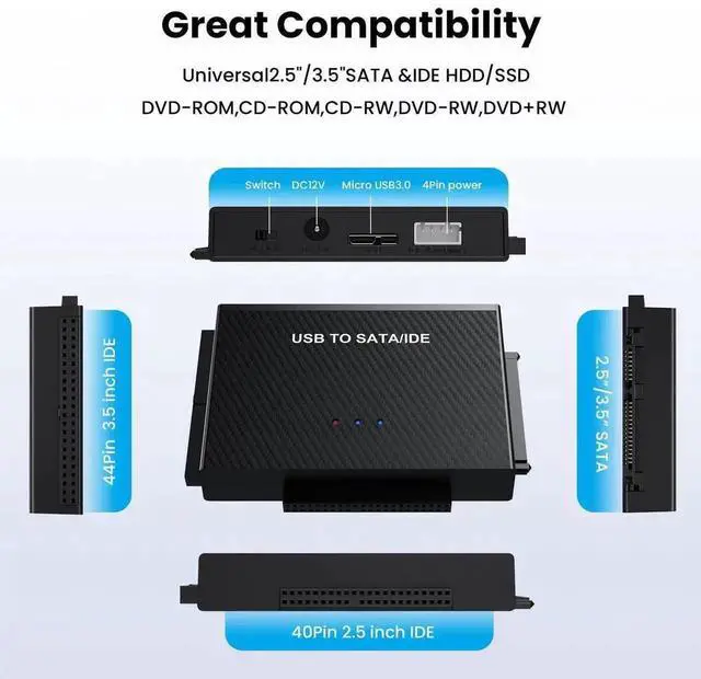 Alt view image 4 of 6 - USB 3.0 Type-C to SATA IDE Hard Drive Reader Adapter Kit, Universal 2.5/3.5 Inch HDD SSD External Converter with 12V/2A Power Supply for Hard Disk Data Recovery