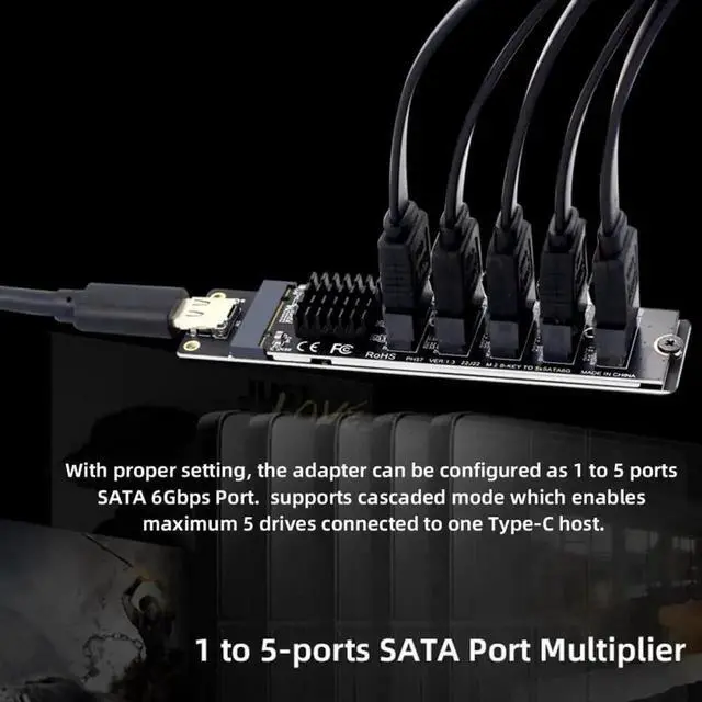 Alt view image 5 of 7 - 10Gbps USB-C to NGFF B+M Key SATA 5-Port Adapter Card, Dual Chip JMS580+JMB575 SATA III 6Gbps Port Multiplier Selector, External Multi-HDD/SSD Storage Expansion Converter