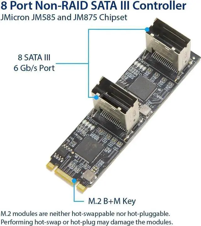 Alt view image 3 of 5 - 8 Port SATA III 6Gbps to M.2 B+M Key PCIe 3.0 x2 Adapter Card, Non-RAID SATA Expansion Board for M.2 B/M Slot Storage Extension
