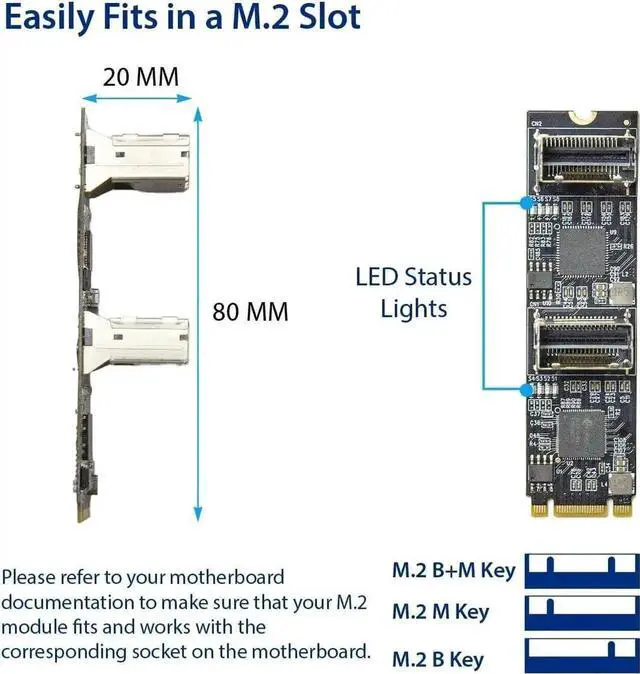 Alt view image 5 of 5 - 8 Port SATA III 6Gbps to M.2 B+M Key PCIe 3.0 x2 Adapter Card, Non-RAID SATA Expansion Board for M.2 B/M Slot Storage Extension